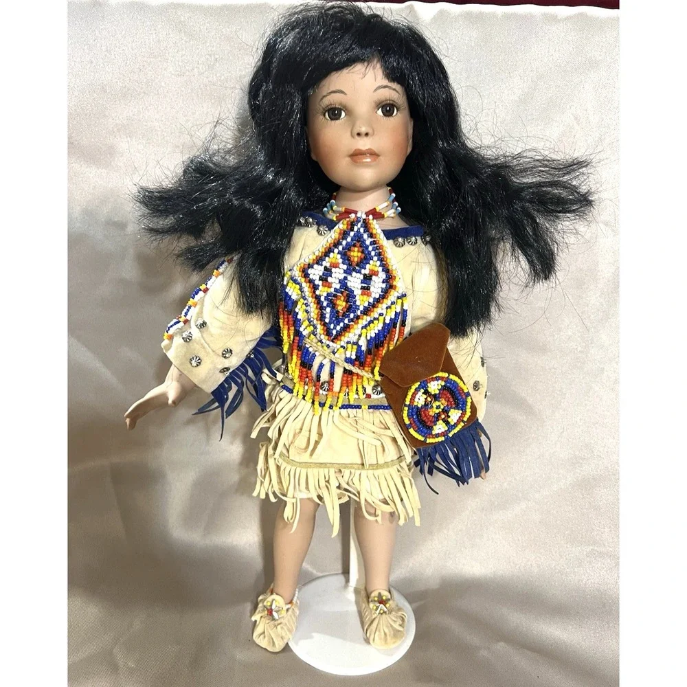 Signed Porcelain Doll On Stand Young Native American Woman 14